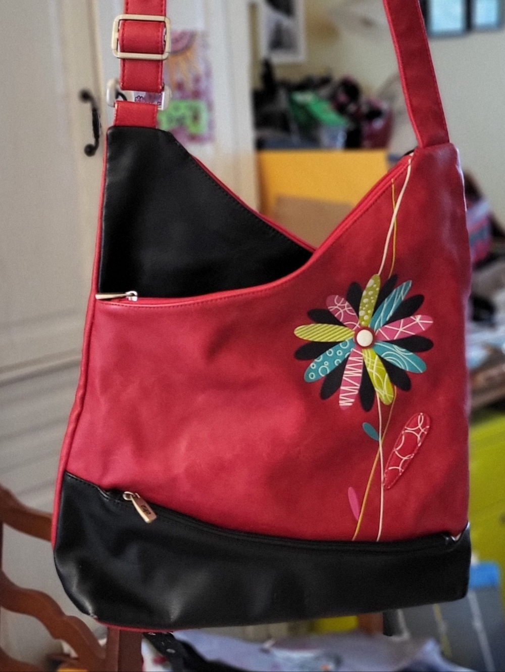Espe Red and Black Floral Applique Shoulder Bag Purse